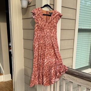 Elegant cotton V-Neck Midi Dress in Rust Floral